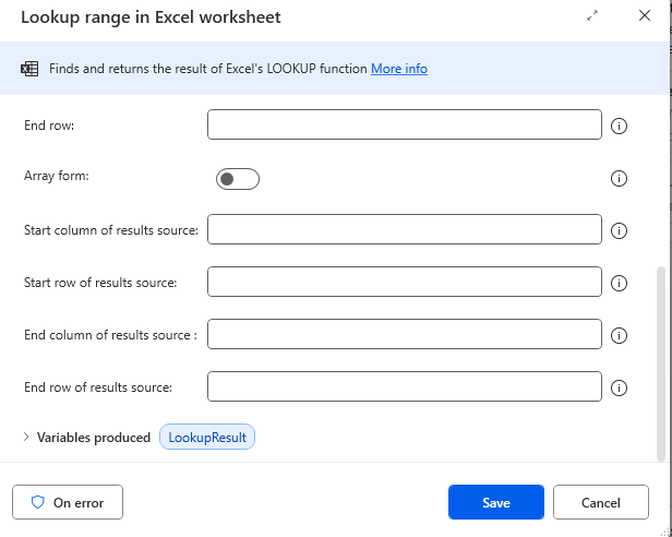 Look up range in excel worksheet action in power automate
